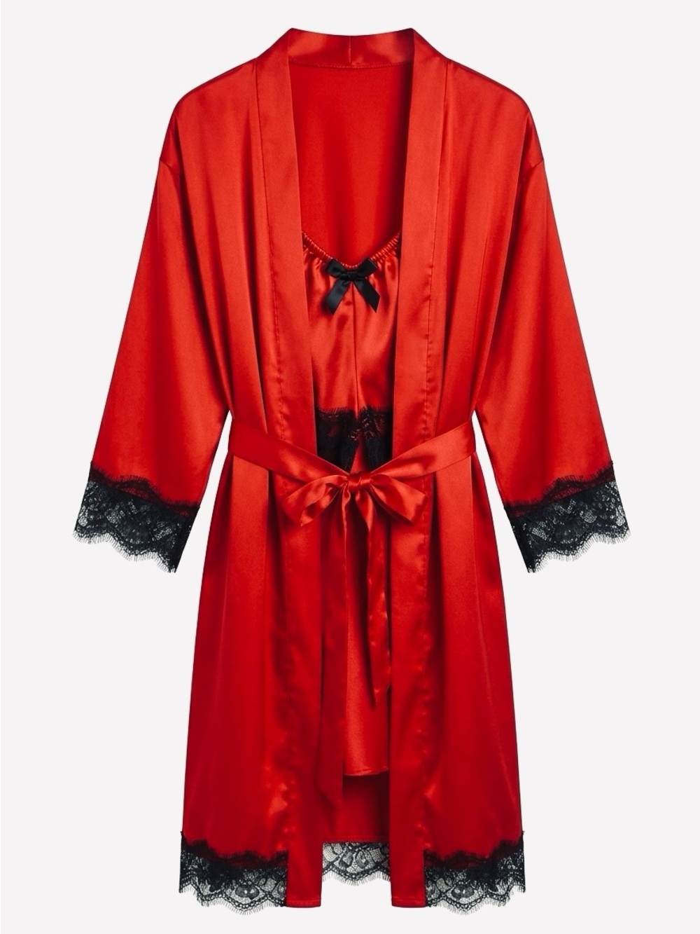 Red Satin Lace-Trim Robe and Chemise Set